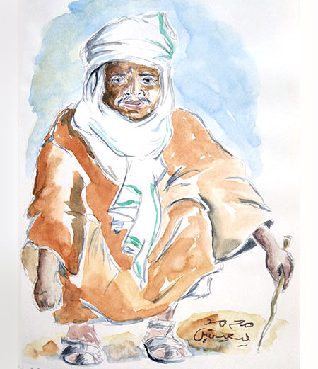 Mohamed, Kamelführer, sitzend aquarelliert